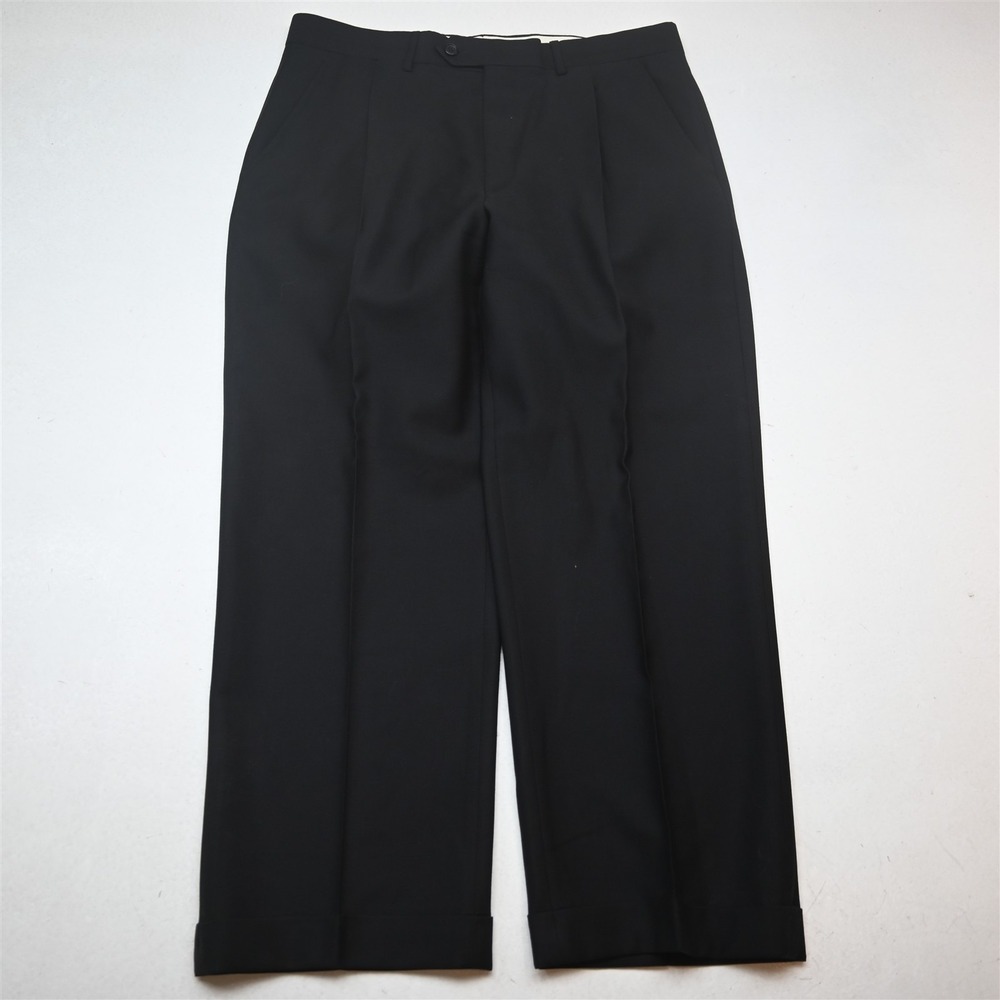 Bespoke 34x26 Black 100% Wool Pleated Cuffed Full Cut Italy Made Dress Pants